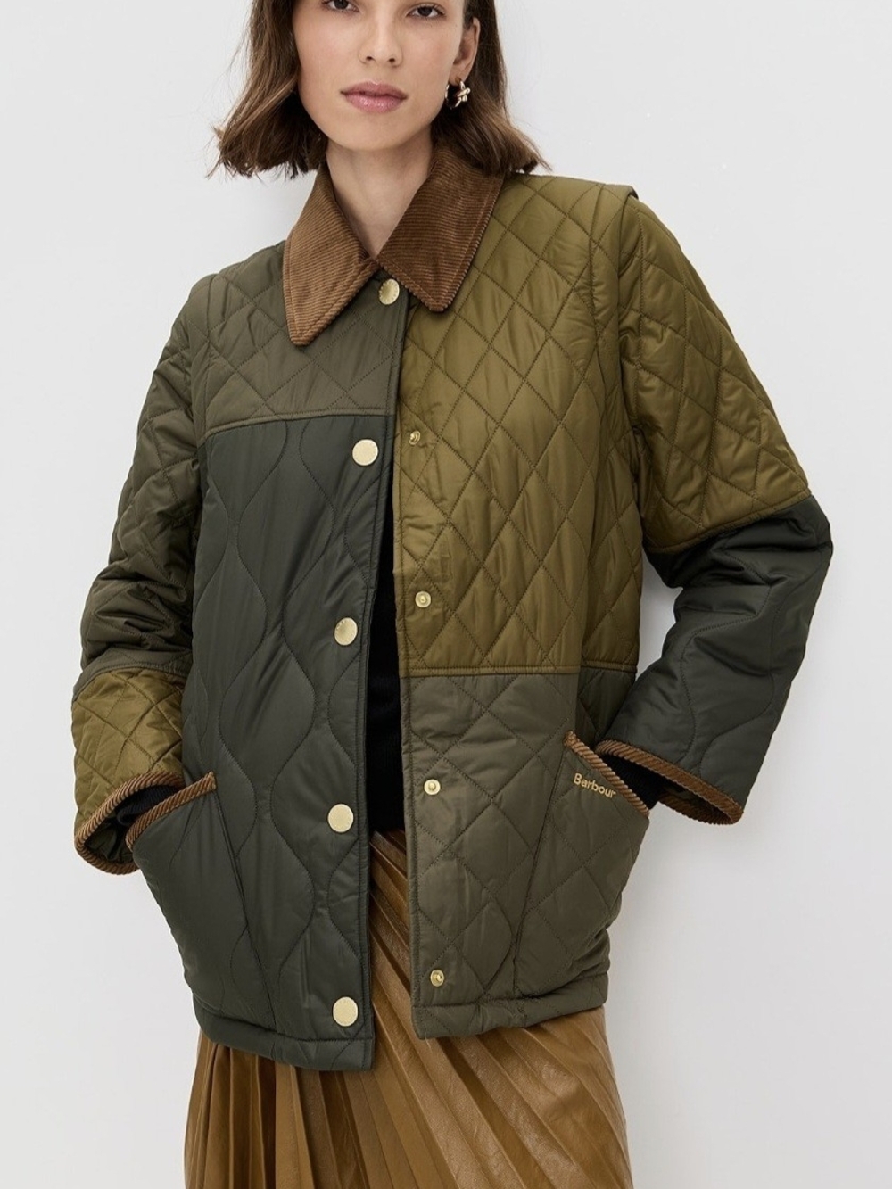 Barbour Lorrie Quilted Patchwork Colorblock Barn Jacket Green